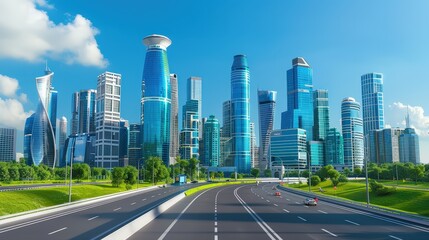 Naklejka premium Modern high-tech buildings along an empty highway, futuristic cityscape, bright blue sky, horizontal layout