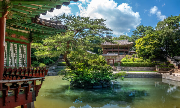 Garden behind the ruins of the Changdeokgung Palace also known as Huwon or forbidden garden, Jongno District, Seoul, South Korea