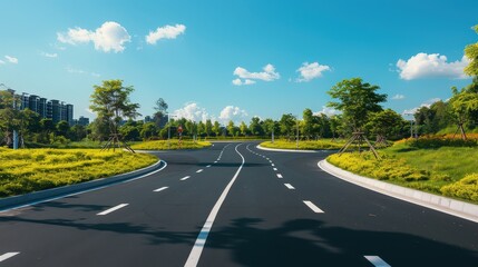 Futuristic urban landscape, high-tech empty highway, bright blue sky, modern buildings, horizontal orientation