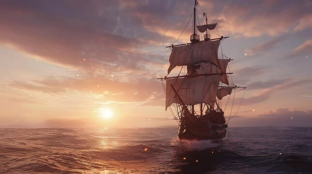 Galleon on a quiet ocean in the morning, showcasing a majestic and tranquil scene with calm waters and the ship's elegant sails illu Seamless looping 4k time-lapse virtual video animation Generated AI
