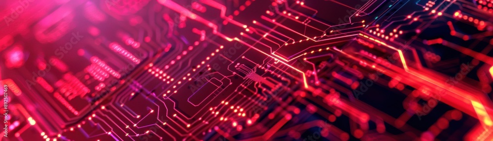 Aufkleber close up of an abstract red circuit board with glowing pathways, perfect for technology and electron
