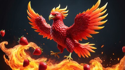 Obraz premium a vibrant red strawberry transformed into a fiery phoe background
