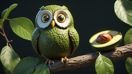 a ripe avocado morphing into a wise old owl perched on background