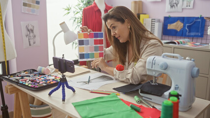 A surprised hispanic woman conducts a videocall in a tailor shop, with a color swatch and sewing accessories around.