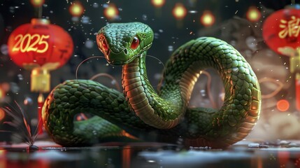 Fototapeta premium A green snake is on a green background with red roses. New Year's Eve 2025.