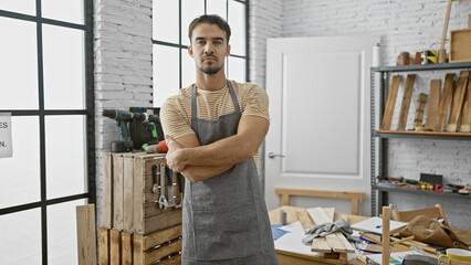 Confident young man with a beard standing in a well-lit carpentry workshop, arms crossed.