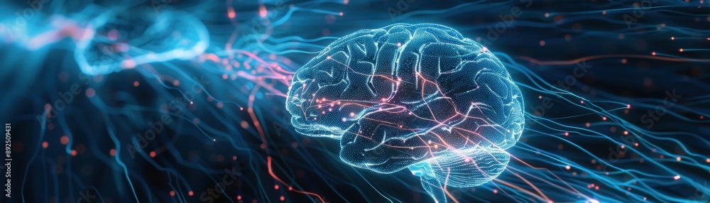 Poster futuristic digital art of a brain with neural connections representing artificial intelligence and a
