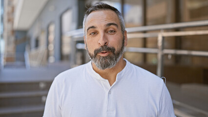 Naklejka premium Handsome mature hispanic man with beard and grey hair posing outdoors in urban city street