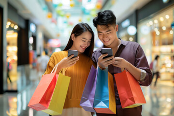 A young asian couple smiles as they look at their phones while holding shopping bags in a mall