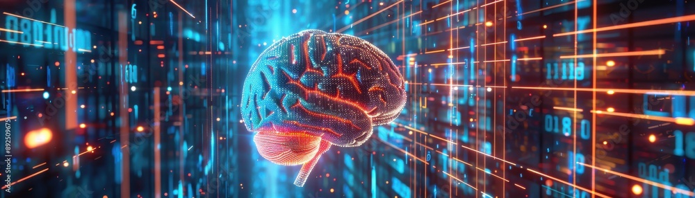 Poster futuristic digital brain with glowing neural networks, representing artificial intelligence and adva