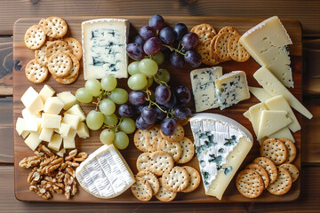 Top view of a wooden board piled high with an assortment of cheeses, crackers, grapes, and walnuts