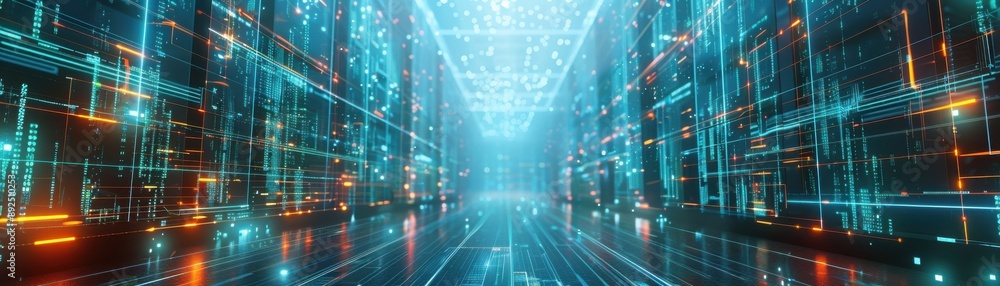 Poster futuristic digital data center with glowing blue and orange lights, representing advanced technology