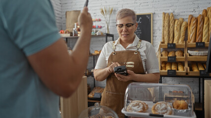 Woman working in a bakery using a point-of-sale device while a man makes a payment in a cozy indoor shop filled with various breads and pastries