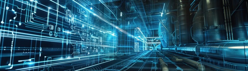 Futuristic digital matrix with glowing blue lines and circuits, representing high technology, data, and modern infrastructure.