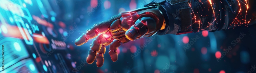 Poster futuristic robotic hand touching a digital interface with glowing neon lights, symbolizing advanced 