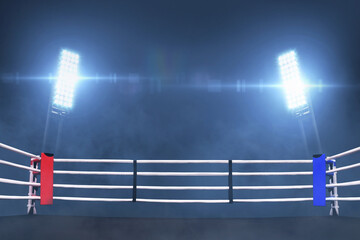 Boxing ring with ropes in a stadium with blue light spotlights. Night of Champions and fight. Battle for the championship © alones