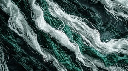 Fototapeta premium Dynamic interlace of white and emerald green threads on a dark canvas, creating a modern and striking space for text