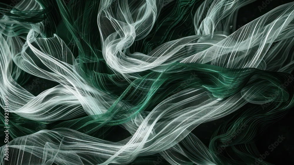Poster dynamic interlace of white and emerald green threads on a dark canvas, creating a modern and strikin