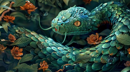 A green snake is on a green background with red roses. New Year's Eve 2025.