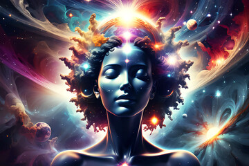 An abstract illustration of a women medition with a vibrant, fantastical background symbolizing intelligence, memory, and the realms of the mind, blending elements of science, technology, and art