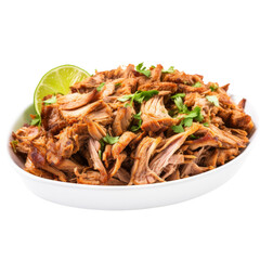 Isolated Carnitas Dish Garnished with Lime and Cilantro.