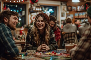 Fototapeta premium a group of people sitting around a table playing a game