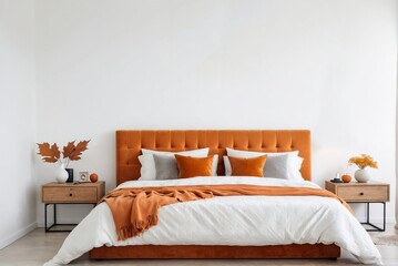 Autumn bedroom interior design with white and orange bed, bedside table with lamp, and minimal decorative photo frame. Bright and Warm Bedroom Concept.	