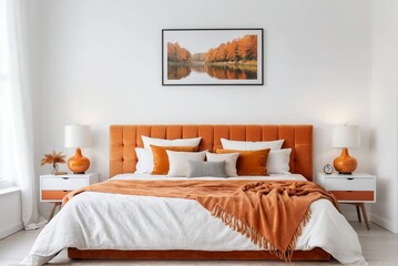 Autumn bedroom interior design with white and orange bed, bedside table with lamp, and minimal decorative photo frame. Bright and Warm Bedroom Concept.	