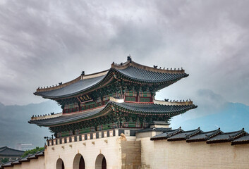 Rainy day at the main gate to the ruins of Gyeongbokgung Palace, Seoul, South Korea