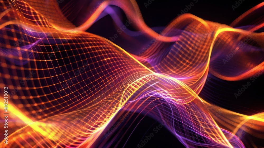 Poster dynamic orange and purple plexus patterns weaving through a black backdrop, ideal for energetic text