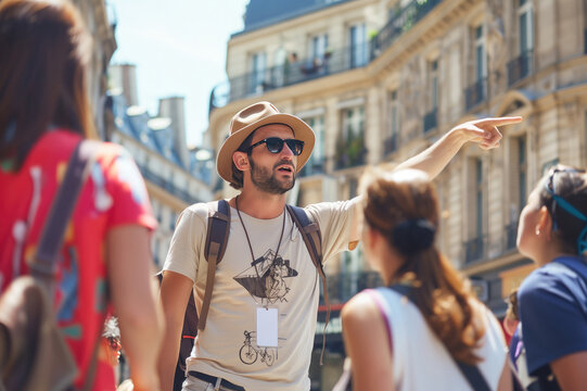 Male tourist guide showing European city to the group of tourists