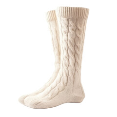 Isolated Pair of Cozy Cable Knit Cream Cashmere Socks Without Background