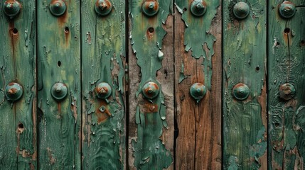 Fototapeta premium Close Up of Fence with Rustic Wooden Texture and Green Painted Metal Nails