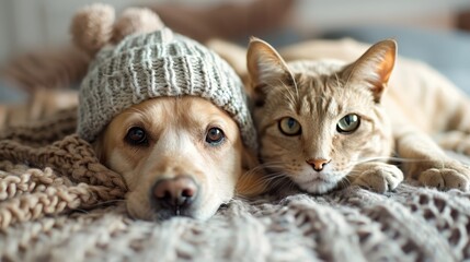 A peaceful cat lies down comfortably on a knitted blanket next to a cozy beanie hat, portraying a serene and warm domestic setting, perfect for relaxation.