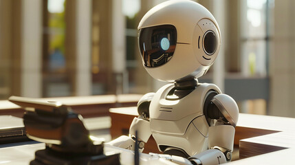 Fototapeta premium A cute robot consultant studies books in the library. Automated