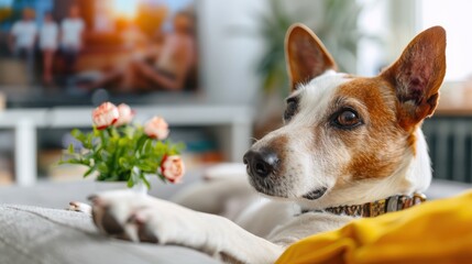 A dog comfortably lounges on a sofa in a stylish and cozy home setting, with vibrant decor and natural light, capturing a serene moment of relaxation and homey comfort.