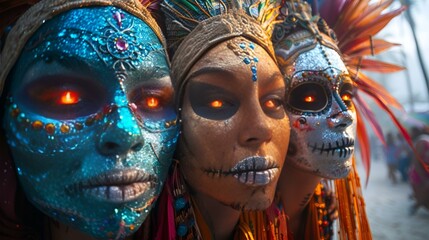 Three women wearing vibrant masks and feathers, showcasing a festive.