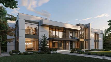 Modern suburban home with a sleek, minimalist facade, featuring expansive windows and a large front yard