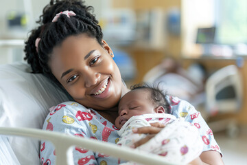 Young mother holding her new born child after labor. Parent and infant first moments of bonding in the hospital maternity ward.