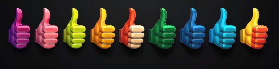 Row of colorful thumbs up icons against a dark background, symbolizing approval, positivity, and social media interaction.