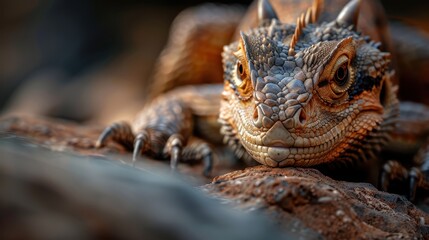Obraz premium An intricately detailed dragon with brown scales lies on a rugged, rocky terrain, blending seamlessly with its surroundings while observing its environment cautiously.