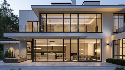 Fototapeta premium Modern suburban home with a neutral color palette, showcasing an elegant simplicity with large, open windows
