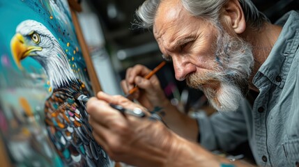 An elderly male artist is painting a detailed and vibrant eagle on his canvas, demonstrating his expert skills, passion for wildlife art, and dedication to his craft.