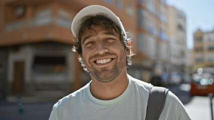Fototapeta premium Smiling hispanic man with green eyes and beard wearing a cap stands on an urban street.