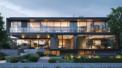 Fototapeta premium Modern suburban home with a minimalist facade of glass and steel, surrounded by contemporary landscaping
