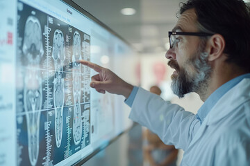 Doctor looking at MRI images, radiologist examining brain scan, neurology research in hospital