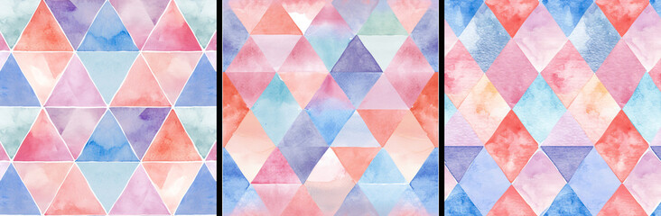 Set of seamless watercolor style textures in colorful shapes rhombus. Design for print textile and fabric, paper wrapping, wallpaper and backdrop