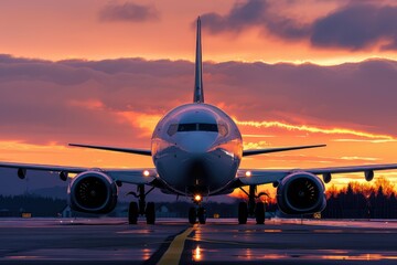 A commercial airplane is captured from the front as it prepares for takeoff against the vibrant backdrop of a sunset sky