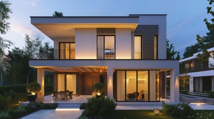 Modern suburban home with minimalist architecture, featuring an asymmetrical design and ambient exterior lighting Ensure room for text