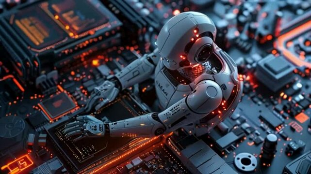 Digital representation of AI Artificial intelligence chat bot connected to computer motherboard